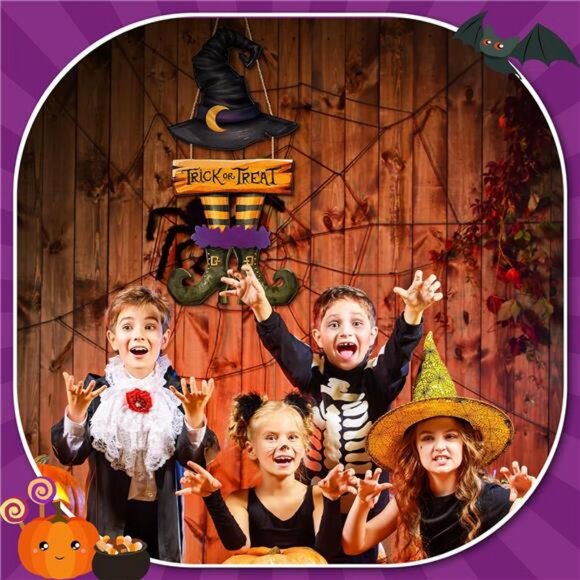 Halloween Door Sign Witch Wreath Decorations Trick or Treat Wooden Hanging Decor - Picture 5 of 7